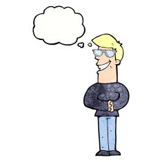 cartoon grinning man with glasses thought bubble N3