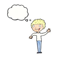 cartoon happy boy waving with thought bubble N21