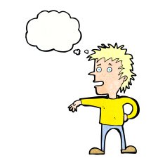 cartoon man making dismissive gesture with thought bubble N21