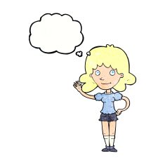 cartoon woman waving with thought bubble N356