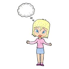 cartoon woman shrugging shoulders with thought bubble N523