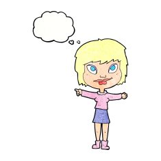 cartoon woman pointing with thought bubble N229