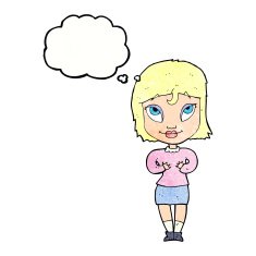 cartoon woman gesturing at self with thought bubble N32