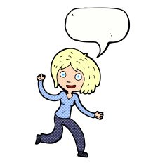 cartoon happy waving girl with speech bubble N12