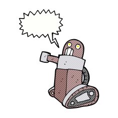 cartoon tank robot with speech bubble N12