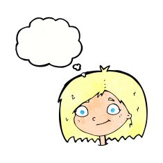 cartoon happy female face with thought bubble N200