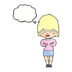 cartoon woman making Who Me? gesture with thought bubble N47