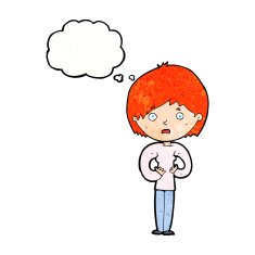 cartoon woman making Who Me? gesture with thought bubble N48