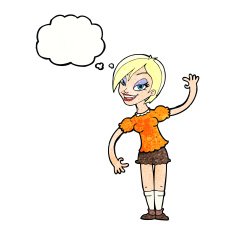 cartoon girl waving with thought bubble N30