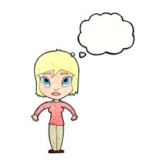 cartoon woman shrugging shoulders with thought bubble N526