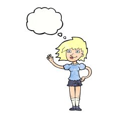 cartoon woman waving with thought bubble N358