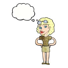 cartoon retro pilot woman with thought bubble N11
