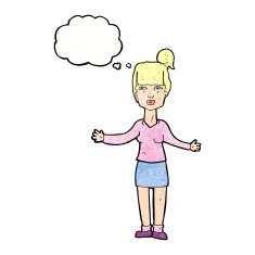 cartoon woman shrugging shoulders with thought bubble N527