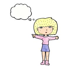 cartoon girl pointing with thought bubble N31