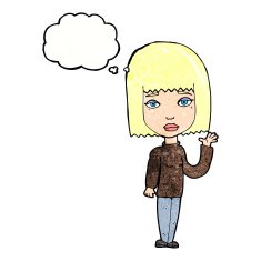 cartoon woman waving with thought bubble N360