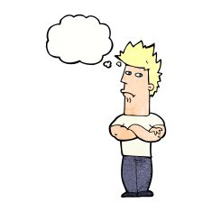 cartoon man sulking with thought bubble N11