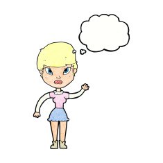 cartoon woman waving with thought bubble N361