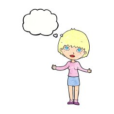 cartoon woman shrugging with thought bubble N61