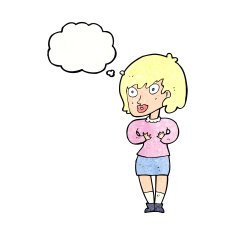 cartoon woman making Who Me? gesture with thought bubble N49