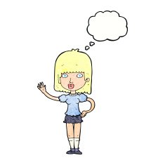 cartoon woman waving with thought bubble N362