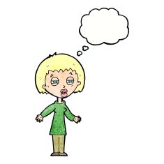 cartoon tired woman with thought bubble N32
