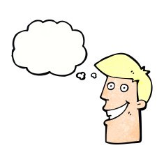cartoon grinning man with thought bubble N92
