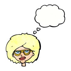 cartoon woman wearing spectacles with thought bubble N41