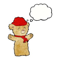 cartoon teddy bear in hat and scarf with thought bubble N3