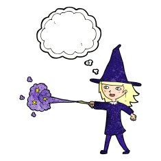 cartoon witch girl casting spell with thought bubble N20