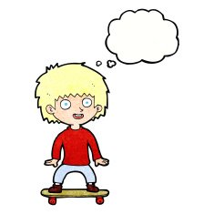 cartoon boy on skateboard with thought bubble N11