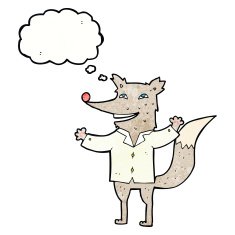 cartoon happy wolf wearing shirt with thought bubble N7