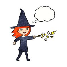 cartoon witch girl casting spell with thought bubble N21