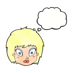 cartoon surprised female face with thought bubble N71