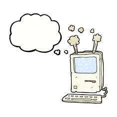 cartoon old computer with thought bubble N25