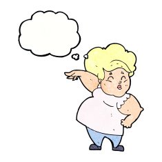 cartoon happy overweight lady with thought bubble N9