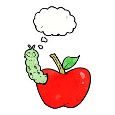 cartoon apple with bug thought bubble N28