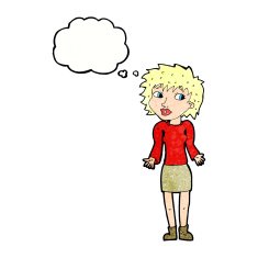 cartoon woman shrugging shoulders with thought bubble N528