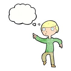 cartoon boy pointing with thought bubble N30