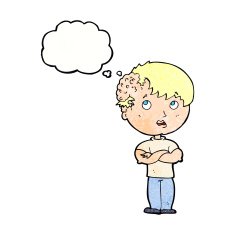 cartoon boy with growth on head thought bubble N39
