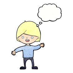 cartoon waving boy with thought bubble N21