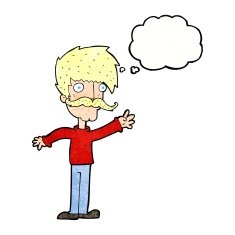 cartoon waving mustache man with thought bubble N10