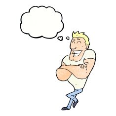 cartoon muscle guy with thought bubble N10