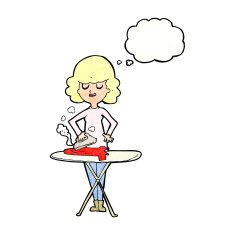 cartoon woman ironing with thought bubble N8