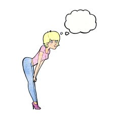 cartoon woman looking at something with thought bubble N10