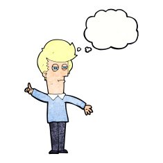 cartoon man narrowing eyes with thought bubble N43