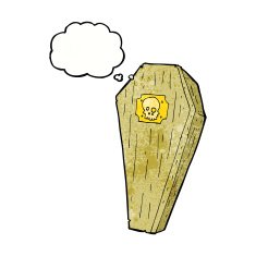 spooky cartoon coffin with thought bubble N15