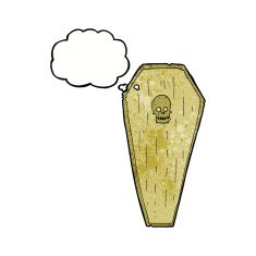 spooky cartoon coffin with thought bubble N16