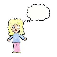 cartoon worried woman with thought bubble N85