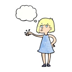 cartoon woman showing off engagement ring with thought bubble N10