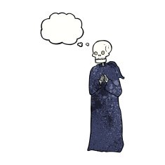 cartoon skeleton in black robe with thought bubble N7